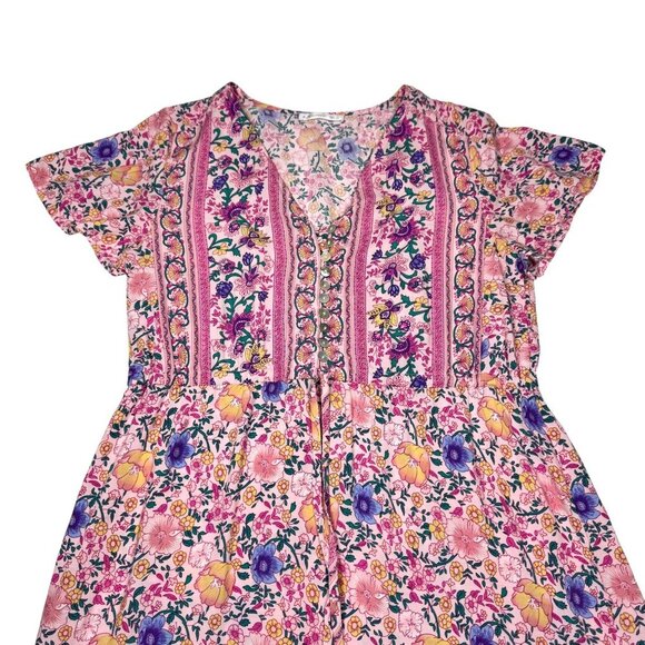 R Vivimos Tiered Floral Maxi Dress Sz.S Pink Short Sleeve Cottage Boho Romantic - Picture 13 of 16